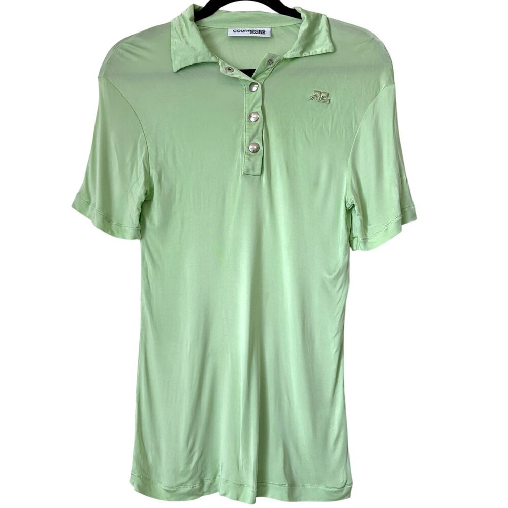 Courrèges Paris Light Green Logo Polo Top Size M Y2K Viscose Stretch